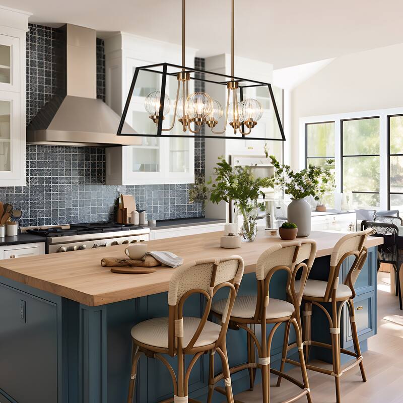 Modern Farmhouse 6-Light Black Gold Chandelier Rectangle Island Lights for Dining Room - 16.5" L x 4.7" W x 1" H