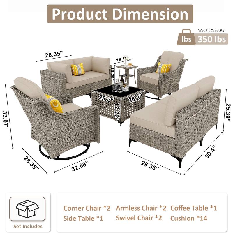 OVIOS 8 Pieces Outdoor Wicker Swivel Chair Set With Solar-Powered Coffee Table