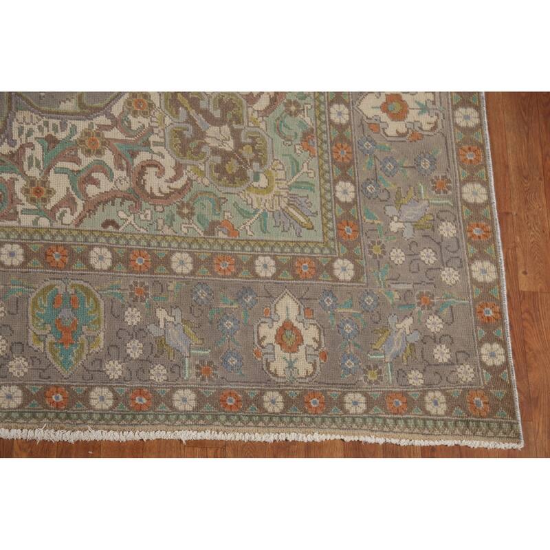 Gray Distressed Tabriz Persian Vintage Area Rug Handmade Wool Carpet - 9'7"x 13'0"
