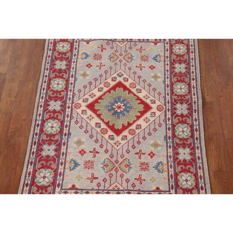 Grey Geometric Kazak Oriental Accent Rug Handmade Wool Carpet - 3'3"x 4'10"