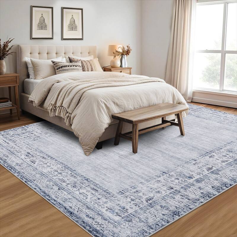 Vintage Bordered Area Rug Washable Area Rug Non-Slip Low Pile Throw Carpet for Living Room Bedroom Dining Room