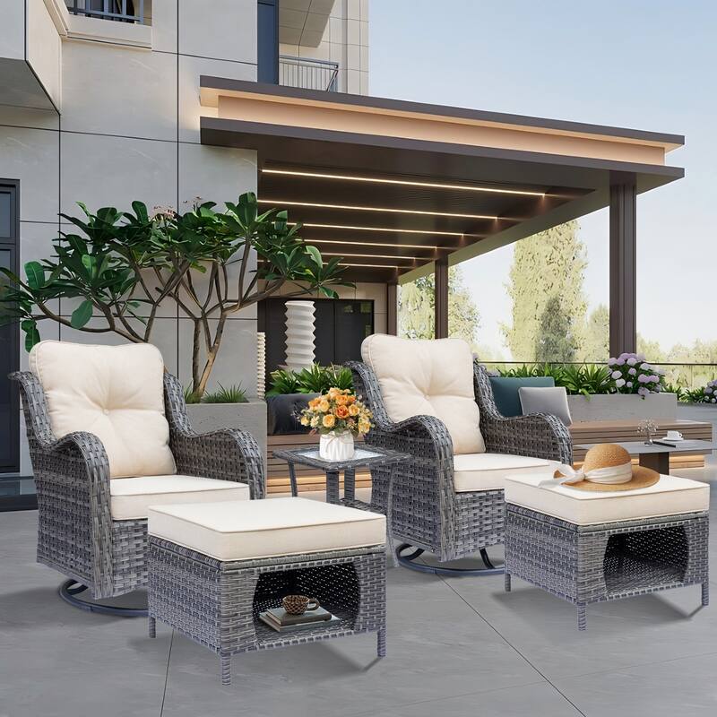 Rattan Wicker Outdoor Patio Conversation Sets with Swivel Rocker Chair - 5 Piece - Beige