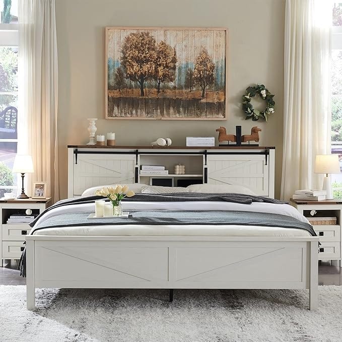 Farmhouse Queen Size Bed Frame with Storage Shelves & Charging Station