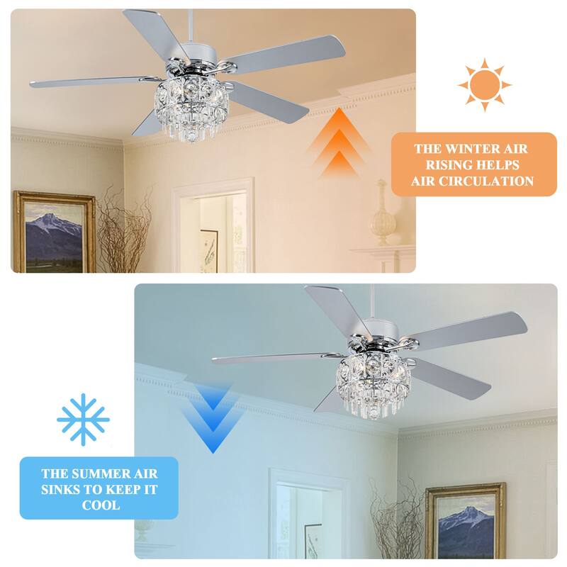 52" Modern Indoor Reversible Crystal Drum Ceiling Fan with Remote Control and Light Kit Chrome