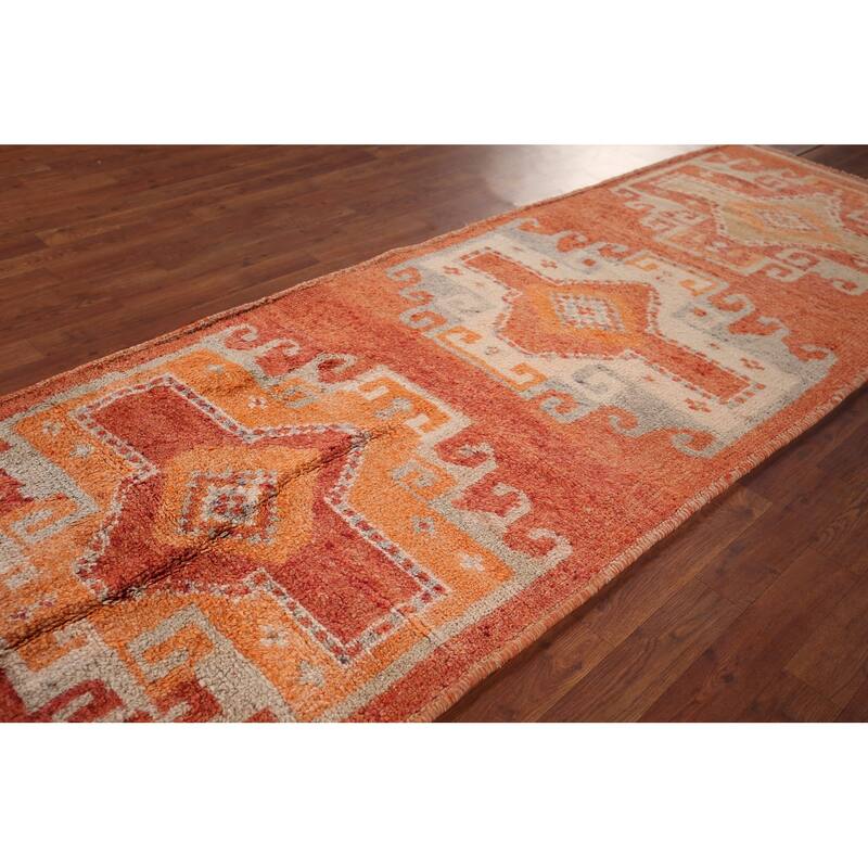 Handmade Orange Geometric Oushak Turkish Vintage Runner Rug - 3'3"x 9'4"