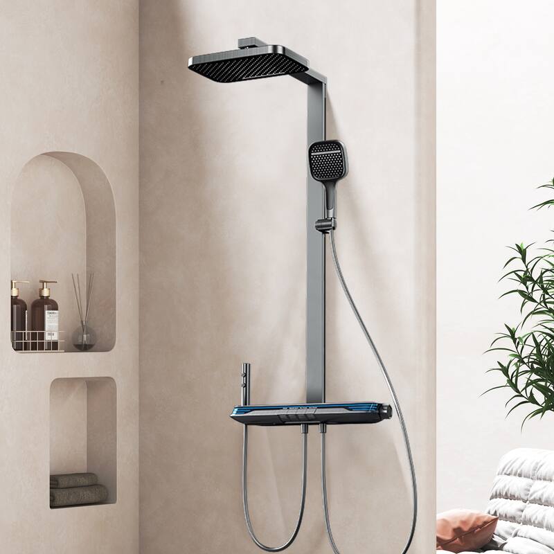 12.99" Brass LED Digital Display Shower System, Thermostatic Shower Faucet Set with Rough in-Valve