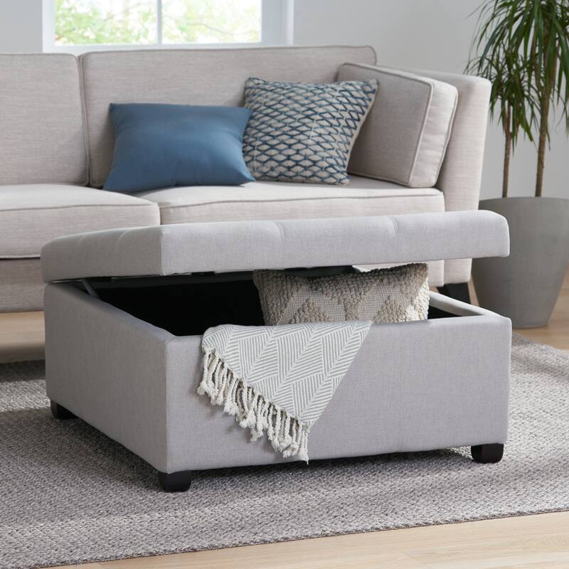 Charming Light Gray Storage Ottoman with Birch Wood Legs and Soft Close Lid