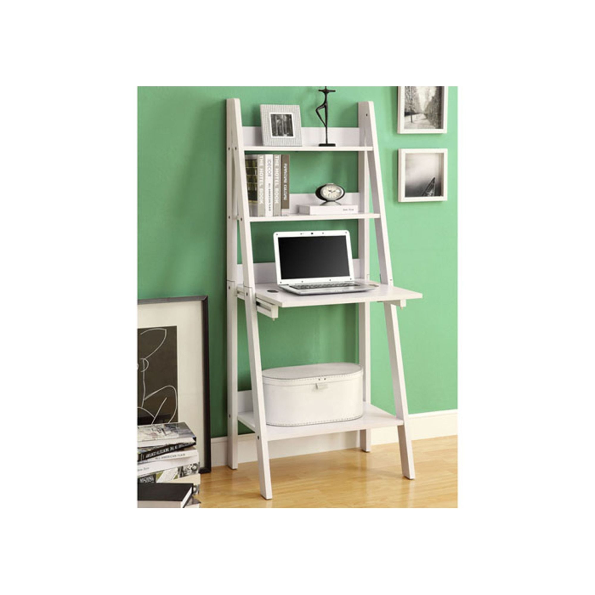 Ladder bookcase with drop down outlet desk