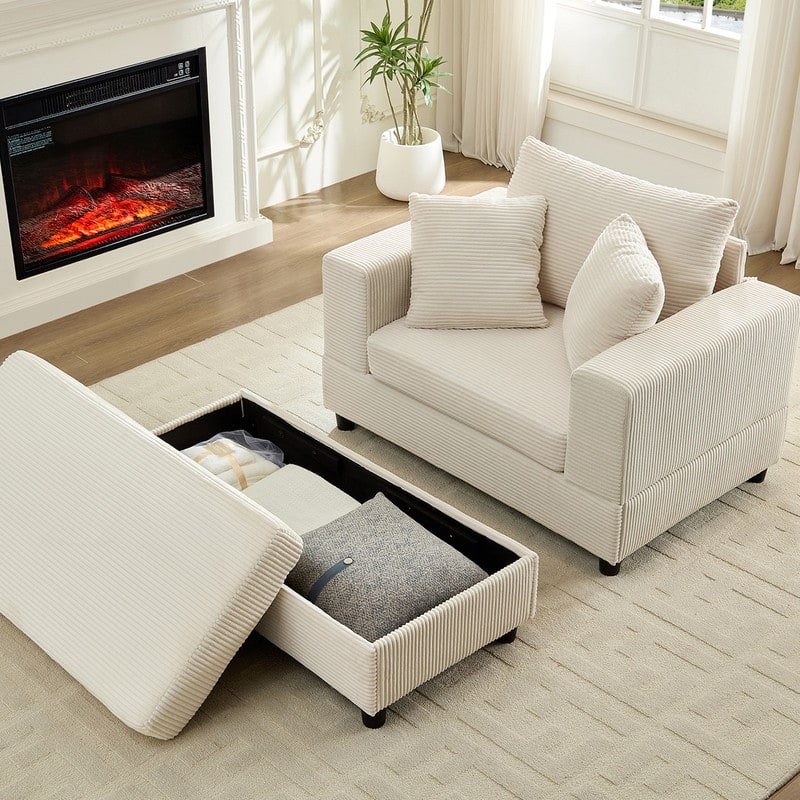 Mixoy Corduroy Chaise Lounge Deep Seat Sleeper Sofa Chair with Storage Ottoman,Upholstered 1-Seater/Loveseat Sofa Couch