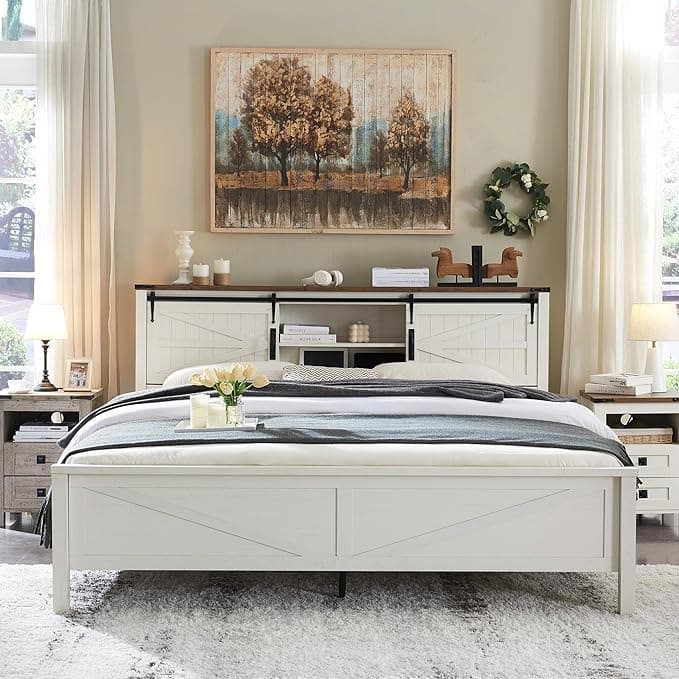 Farmhouse Full Size Bed Frame with Storage Shelves & Charging Station