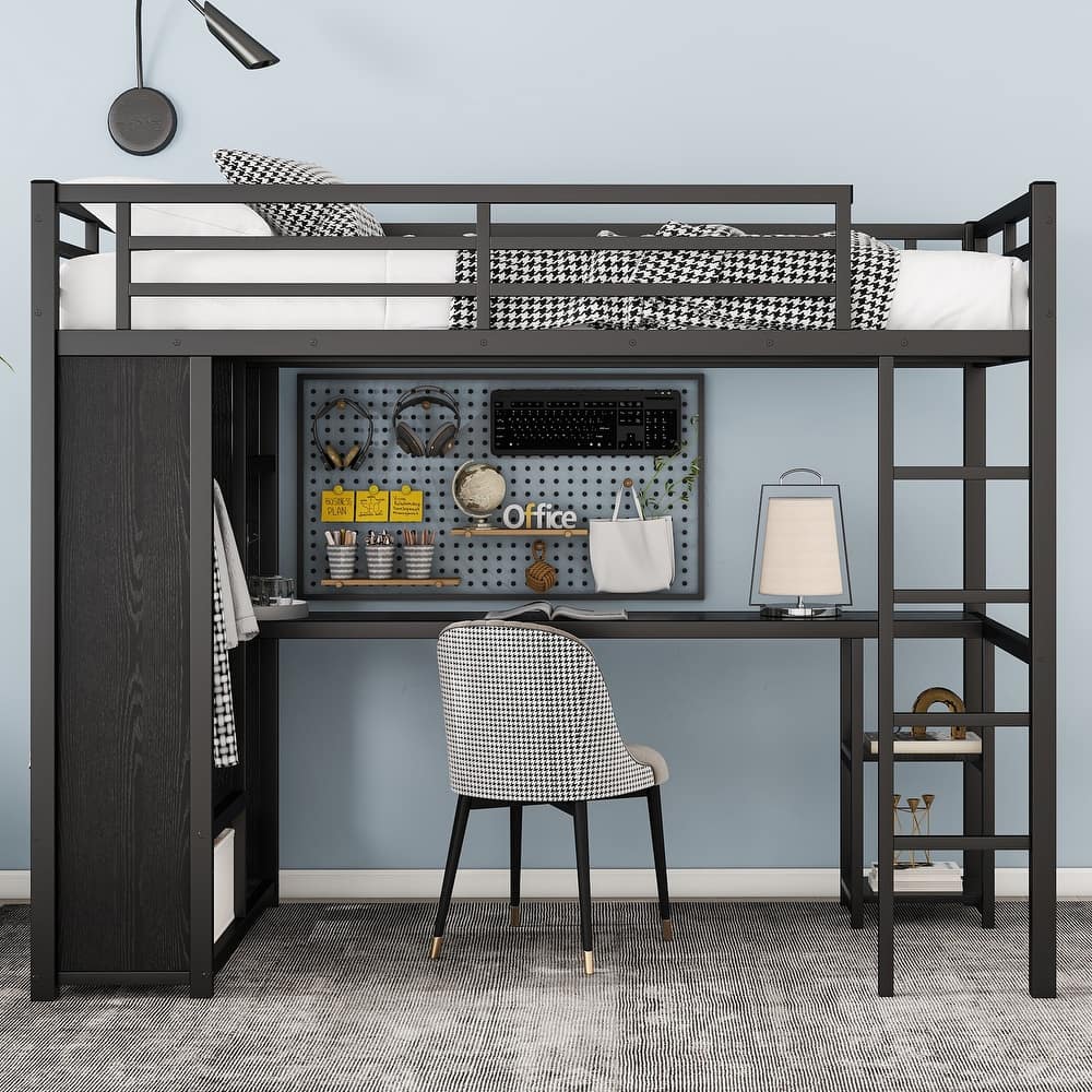 Heavy Duty Metal High Loft Bed Frame with Built In Desk and Wardrobe