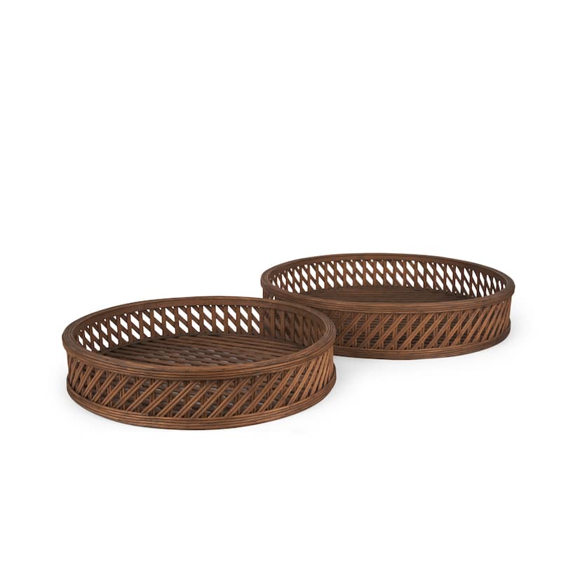 Thala Medium Brown Round Wicker Tray (Set of 2) - 20.5L x 20.5W x 4.3H - Medium Brown