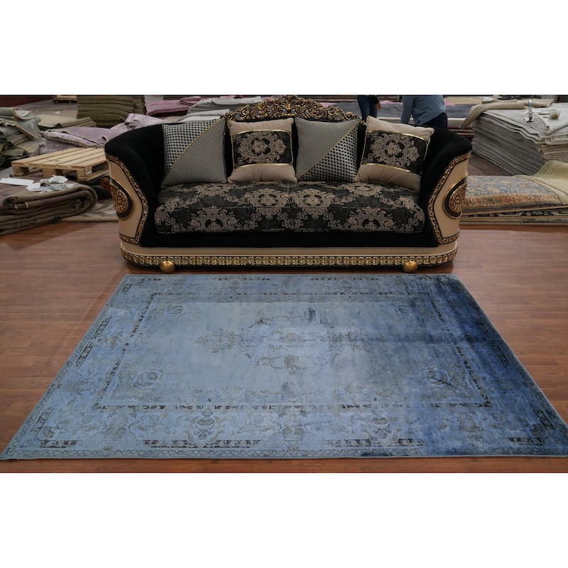 Machine Made Oriental Polyester Carpet Traditional Medallion Navy Blue & Blues Tabriz Area Rug - 7' 5'' X 5' 2''