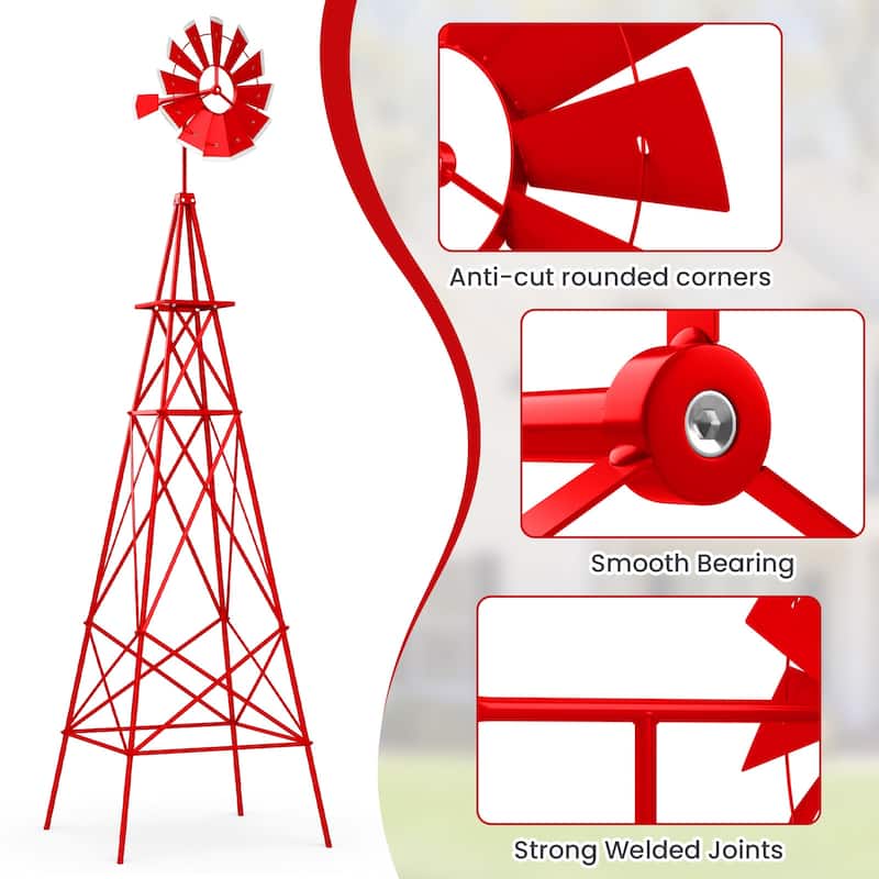 8 Feet Metal Windmill Outdoor Garden Yard Ornament with Weathervane