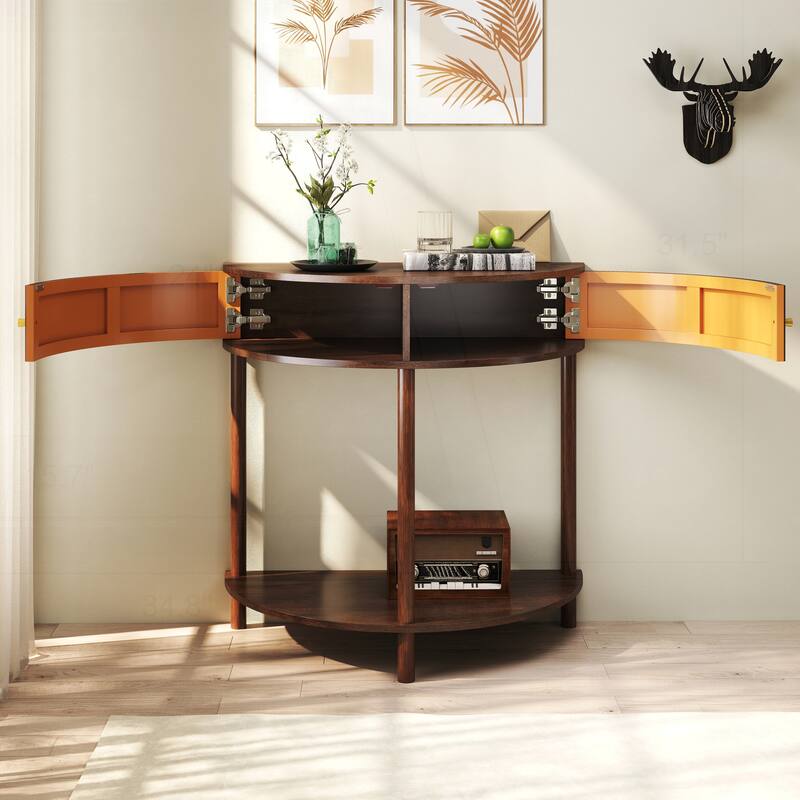 Charming Half Moon Console Table with Rattan Doors and Multiple Storage Options
