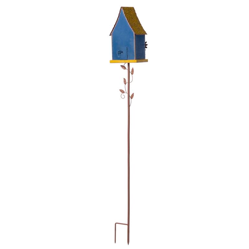 Glitzhome 52.5''H Blue Green Metal Sunflower Decorative Garden Birdhouse with Stake