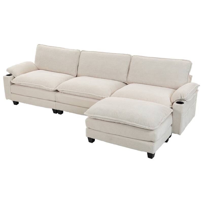 113" L Shaped Sectional Sofa, Deep Seat Cloud Couch with Ottoman, Oversized Corduroy Couch with Cup Holders, Storage Bags