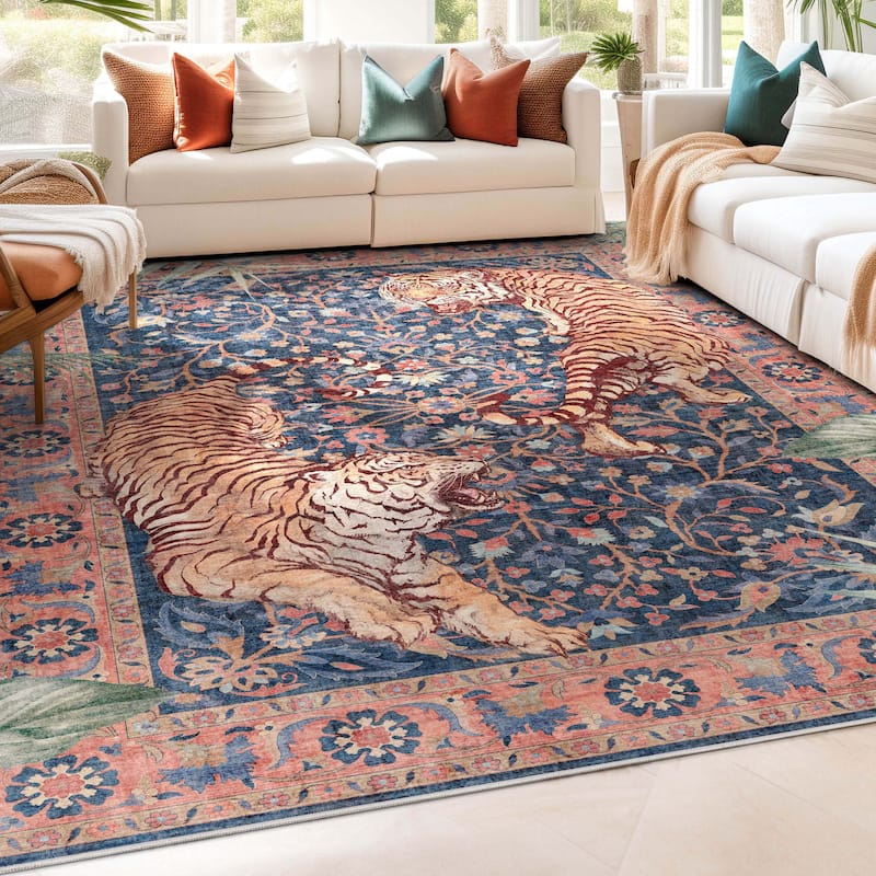 Well Woven Apollo Botanical Tiger Modern Flat Pile Stain Resistant Rug - 7'10" x 9'10" - Multi Navy