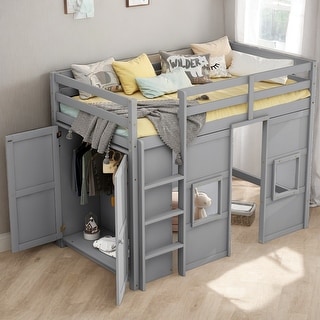 Twin Size Loft Kids Bed with Built-in Storage Wardrobe and 2-Windows, Grey