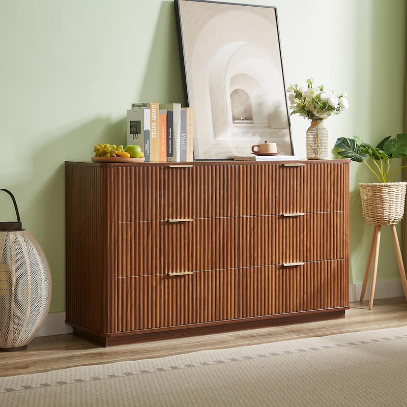 6 Drawers Dresser,55" Wide Modern Chest Of Drawers Curved Wave Design, Dresser Tv Stand, Wood Drawer Organizer - Walnut