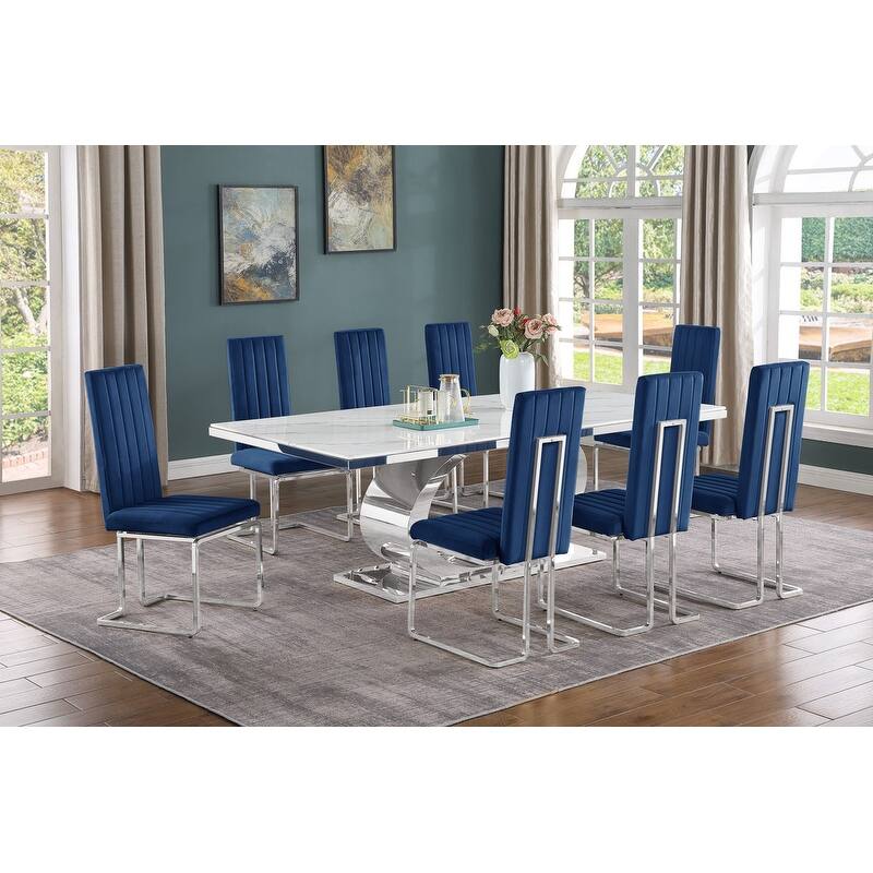 Best Quality Furniture D432/3-SC340-7 Dining Set with 87" White Marble Top - Navy Blue / Silver - 9-Piece