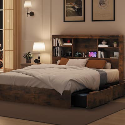 Bed Frame with High Storage Bookcase Headboard, 4 Storage Drawers, Built In Charging Station