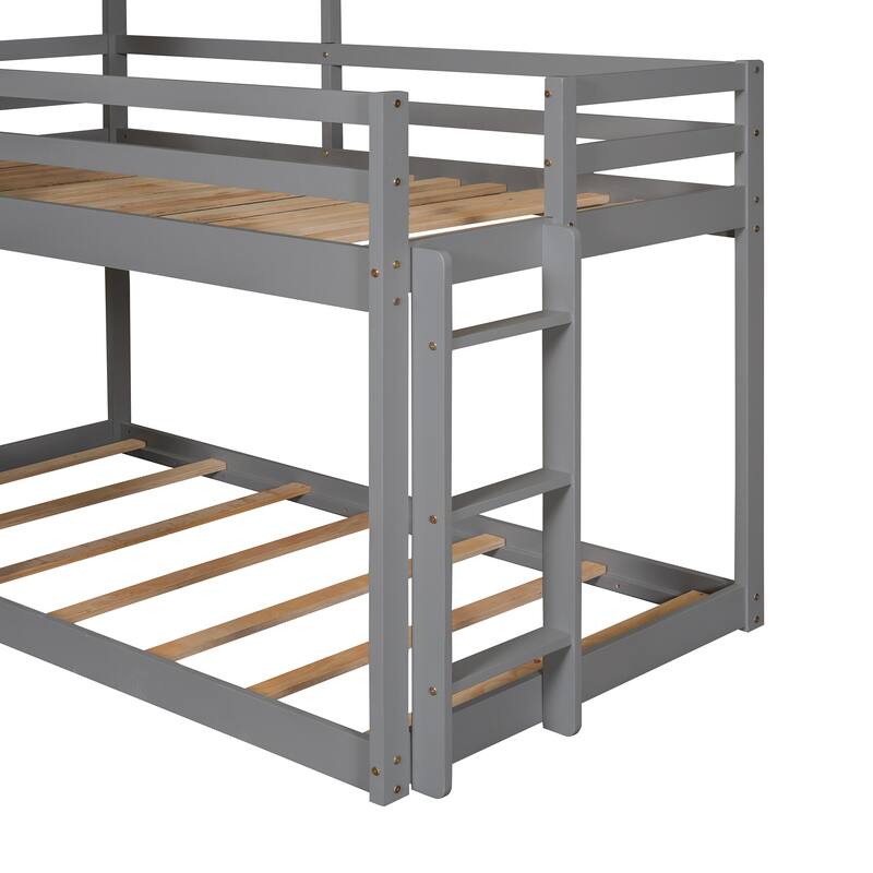 Playhouse-Inspired Twin Over Twin Bunk Bed with Roof, Window, and Safety Guardrails, Perfect for Kids - White/Grey