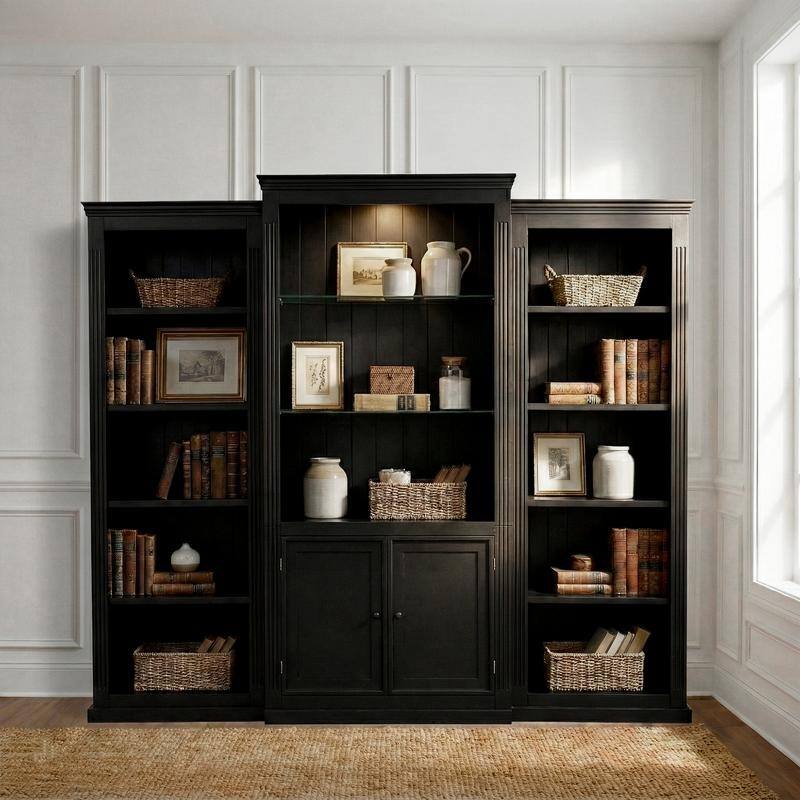 Farmhouse 3-Piece 78.75"Tall Bookcase Cabinet with and 4-Tier Display Shelf Adjustable LED Lighting - Black
