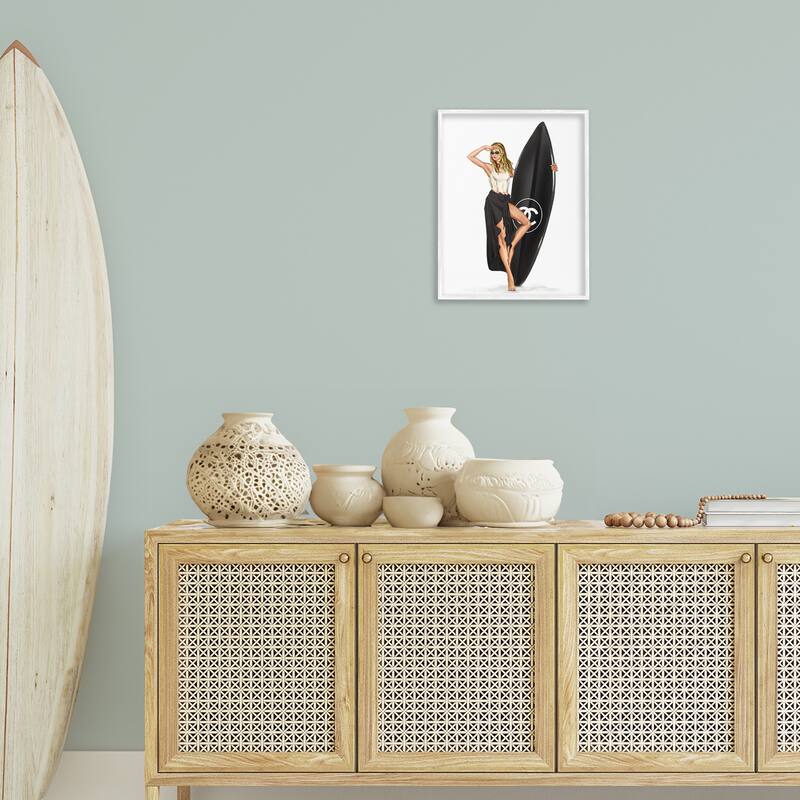 Stupell Trendy Surfer Girl in Black Framed Giclee Art Design By Ziwei Li