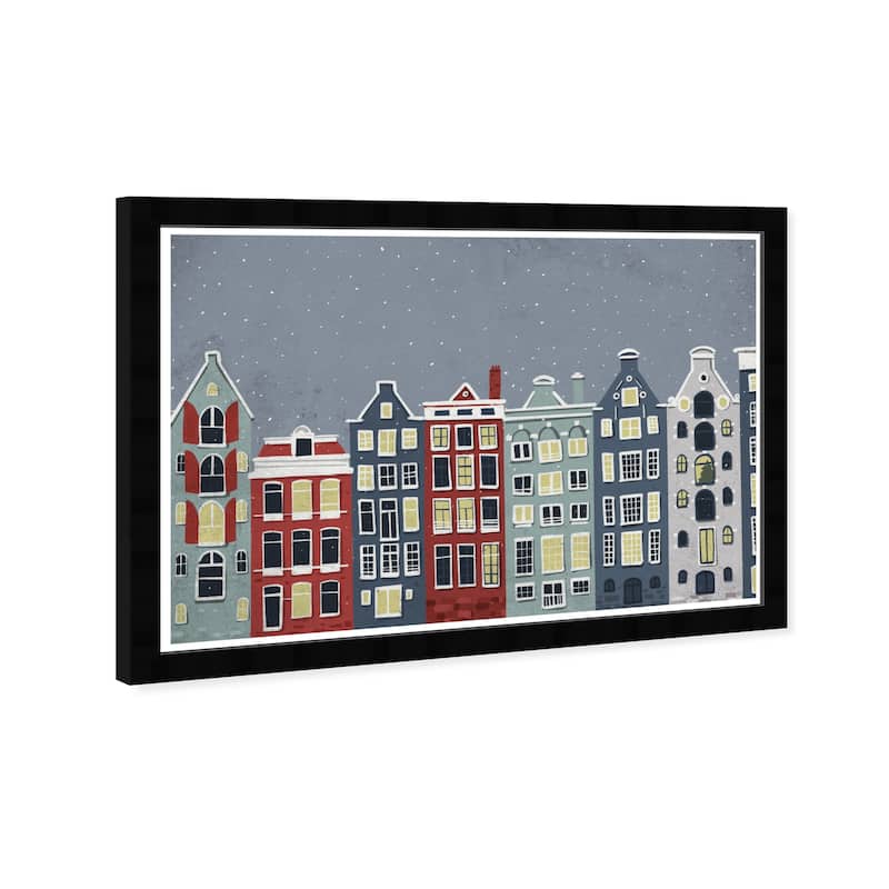 Wynwood Studio Prints Cities and Skylines Snowy City Skyline Blue and Maroon Scandinavian Wall Art Canvas Print