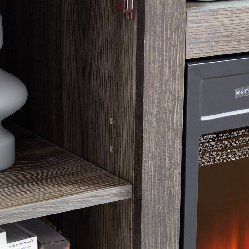 Farmhouse TV Stand, Media Stand With Fireplace Insert, Barn Design, and Adjustable Shelves, for Living Rooms and Bedrooms, Grey