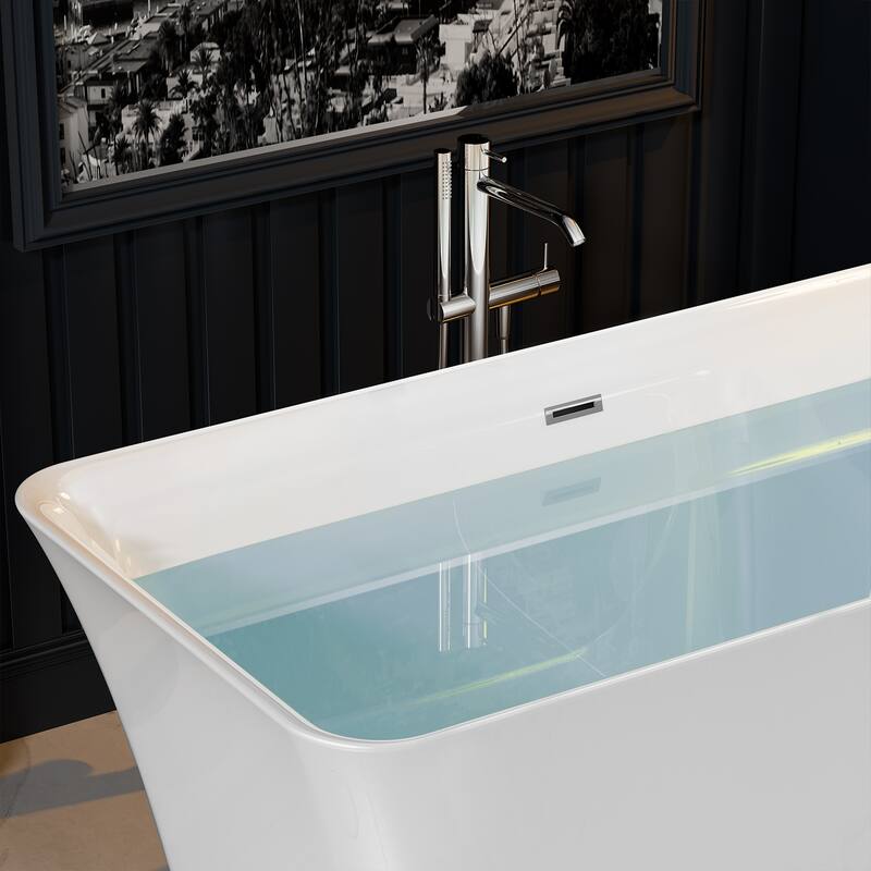 Empava 59 in. x 29.5 in. Freestanding Flat Bottom Bath Tub Soaking Bathtub with Center Drain in White