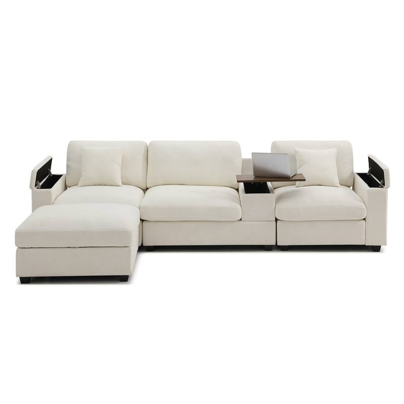 120.3" L-Shaped Sectional Sofa with Wide Seats, USB Charging, Foldable 360掳 Tray, Cup Holders, Storage Ottoman & Armrest