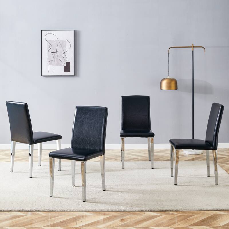 Four Black PU dining chairs,Silver Metal Legs.Simple and versatile, comfortable and accompanied.(Set of 4)