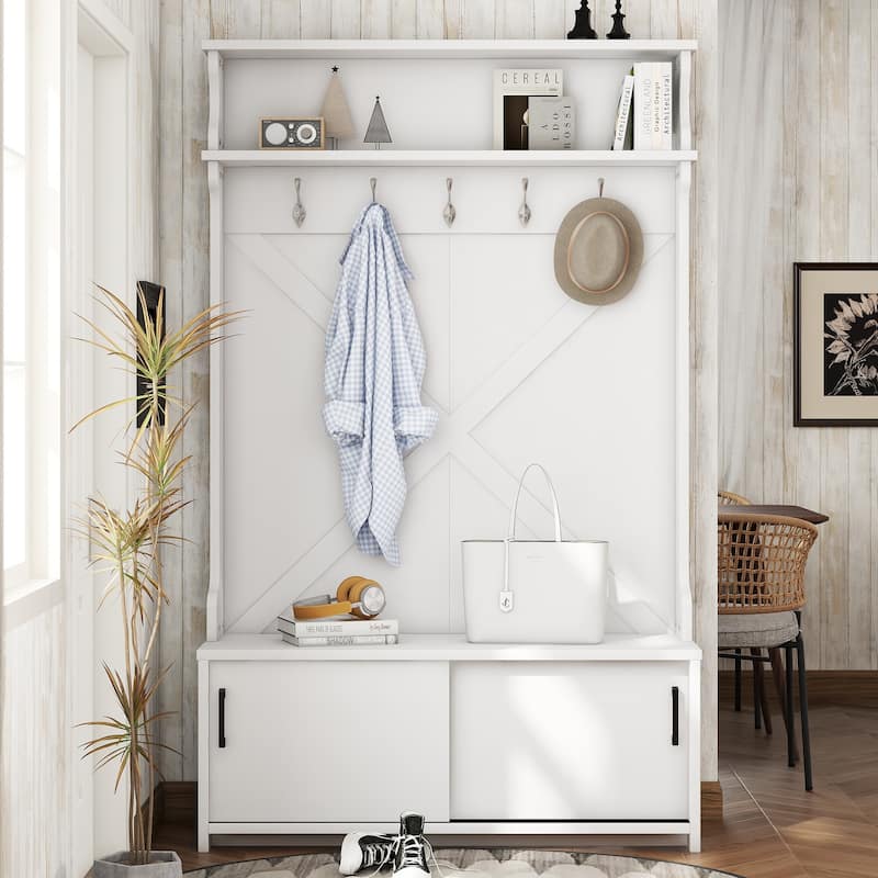 74.8'' Modern Entryway Hall Tree - Shoe Cabinet with Sliding Doors and Coat Rack