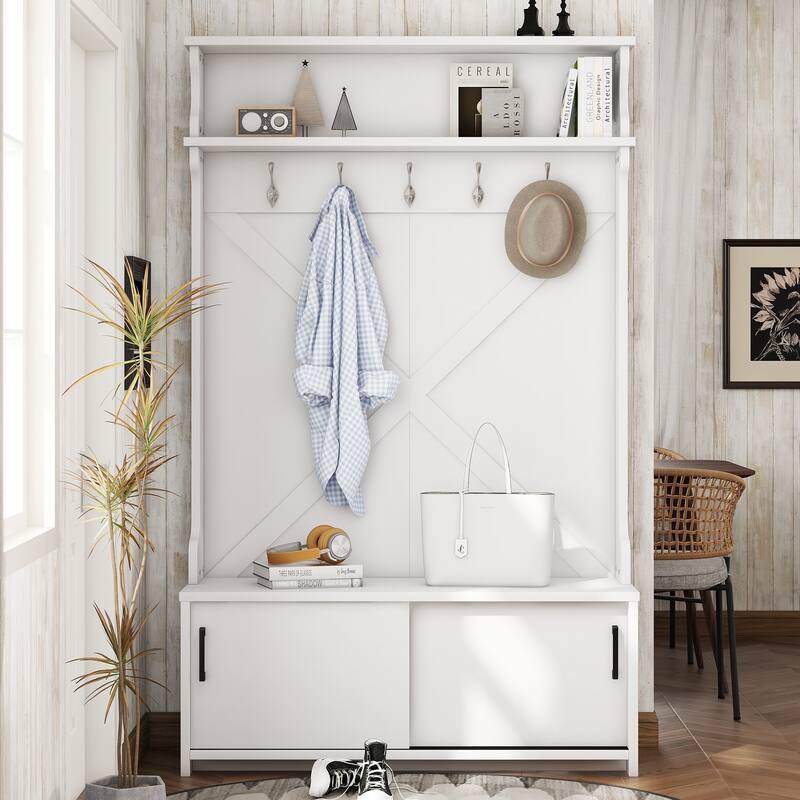 Hall Tree with Top Shelf, Hallway Shoe Bench with Sliding Doors, Coat Rack with Hanging Hooks for Entryways Hallway - Off White
