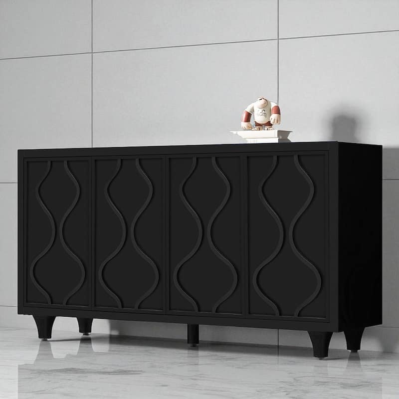 Modern Sideboard Storage Cabinet with Embossed Curved Doors and Adjustable Shelves, 60" Wooden Cabinet for Entryway