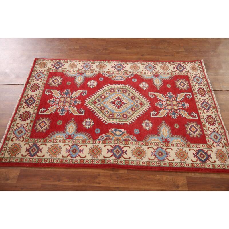 Red Kazak Oriental Accent Rug Hand-Knotted Wool Carpet - 3'4"x 4'10"