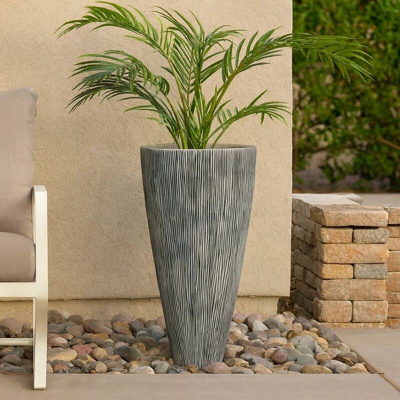 Hand Made Conical Ribbed Flower Vase Sandstone Planter, White