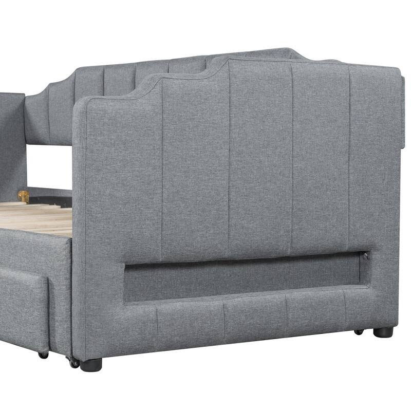 Twin XL to King Size Daybed, Extendable Upholstered Sofa Bed Frame with Two Storage Drawers and LED Light