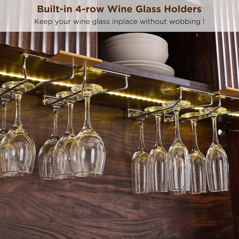 72" Wine Bar Cabinet, Modern Wood Coffee Bar Cabinet with LED Lights