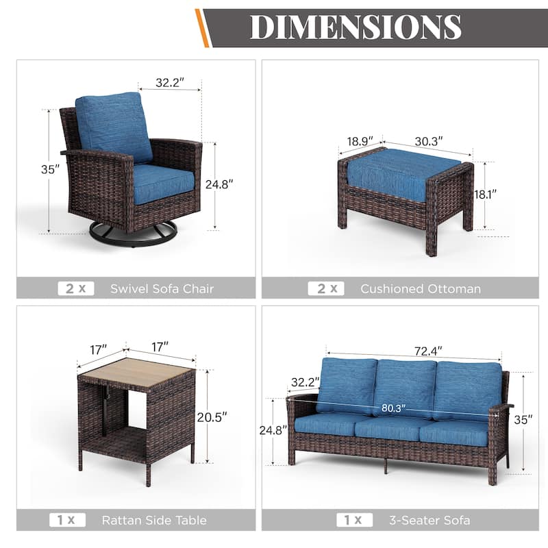 MAISON ARTS 7-Piece Extra-Large Patio Wicker Sofa Conversation Set with Table, Oversize Seat with 5.5'' Thick Padded Cushion