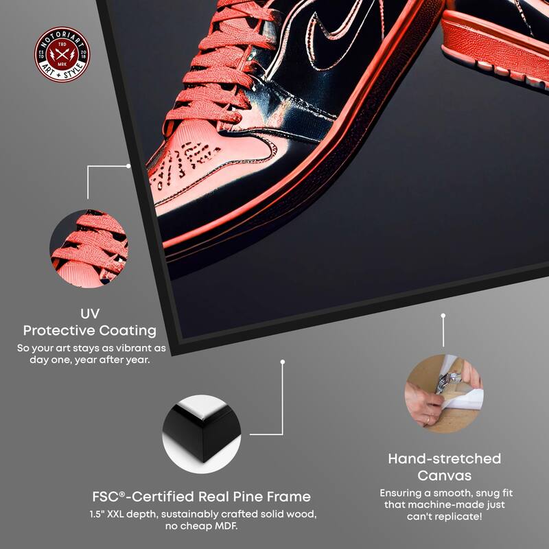Notoriart Red Sneakers On Display Framed Sneaker 1 Piece Canvas Wall Art