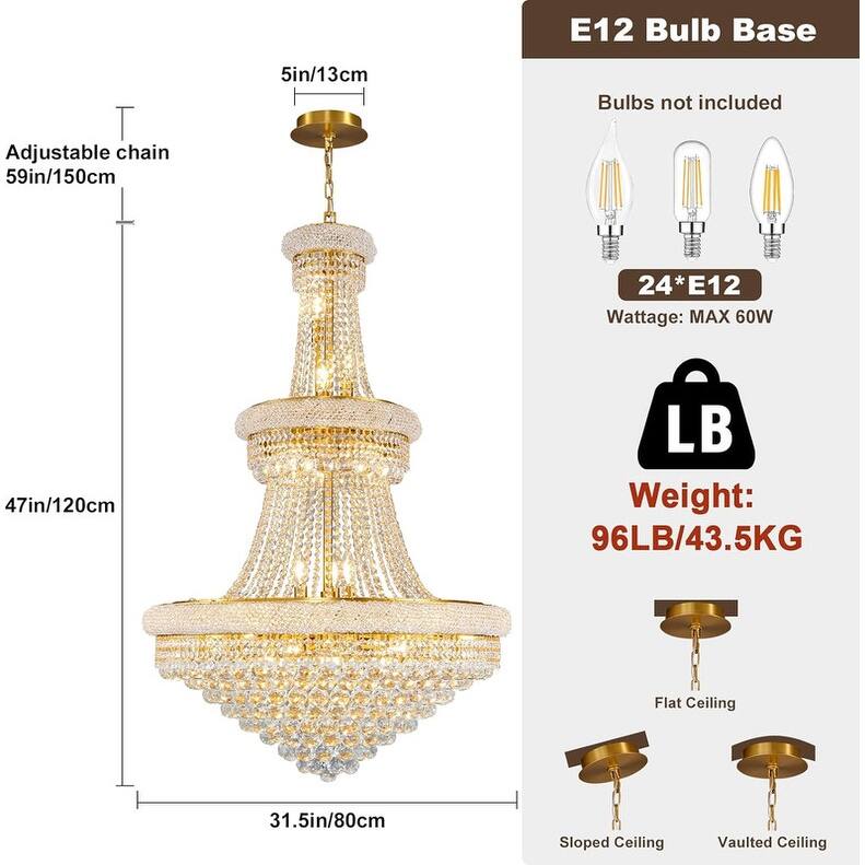 KAYLA 19-Lights High Ceiling Chandelier Modern Gold Crystal Chandeliers Large Foyer Chandelier Fixtures