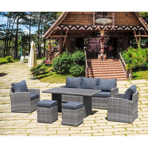 Moda Furnishings 6-Piece Outdoor PE Rattan Sofa Set Patio Garden Wicker Dining and Coffee Table