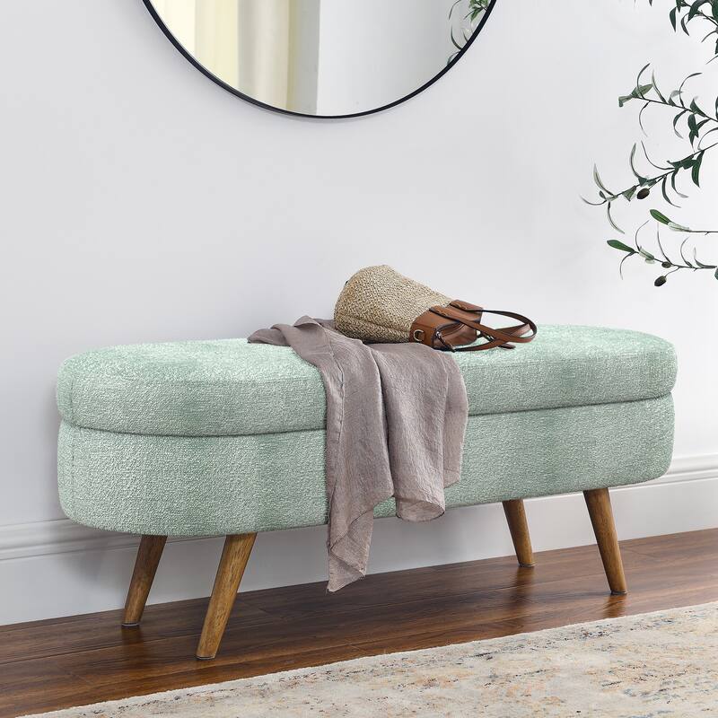 Oval Storage Ottoman Bench, Decorative End of Bed Bench 43.5 Inches Upholstered Storage Ottoman with Solid Wood Legs - Cyan