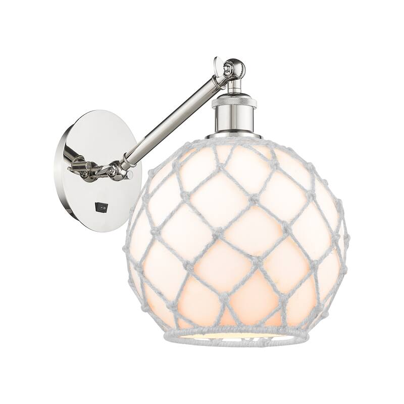 Innovations Lighting Endless Possibilities Ballston - Farmhouse Rope - 1 Light 10" Adjustable Sconce - Arm Adjusts Up and Down - White Glass with White Rope/Polished Nickel