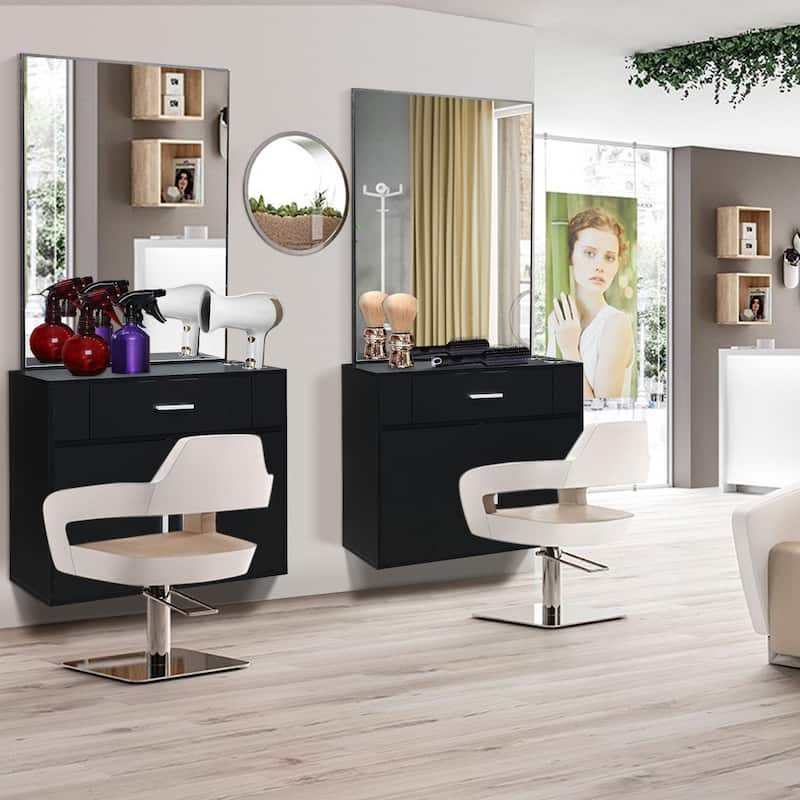 Black Wall Mounted Hair Styling Station with Mirror Drawer and Storage Cabinet for Salon Use - 59.4” x 29.6” x 11.8" (L x W x H)