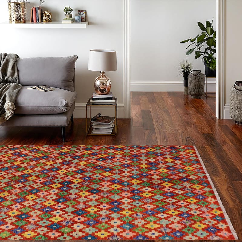 Eclectic Balochi Grimes Red/Blue Hand Knotted Wool Rug - 4'10'' x 6'4''
