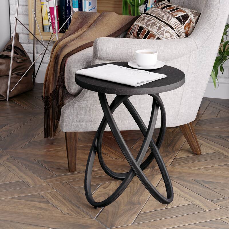 COZAYH Farmhouse End Table Round Wood Side Table Rustic Plant Stand With Intertwined Line Design - Black